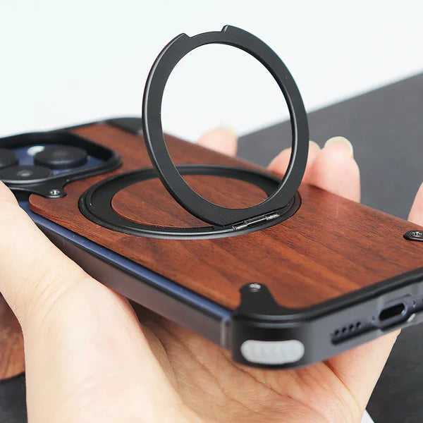 Oatsbasf MagSafe Pivot Ring Stand Air Cushion Walnut Wood Back Case Cover For Iphone