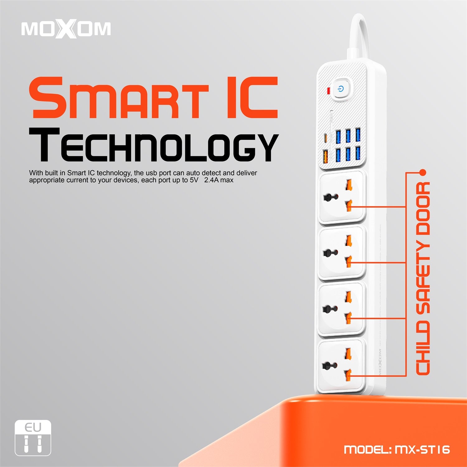 Moxom MX-ST16 12 IN 1 PD Power Strip With 4 Universal Socket