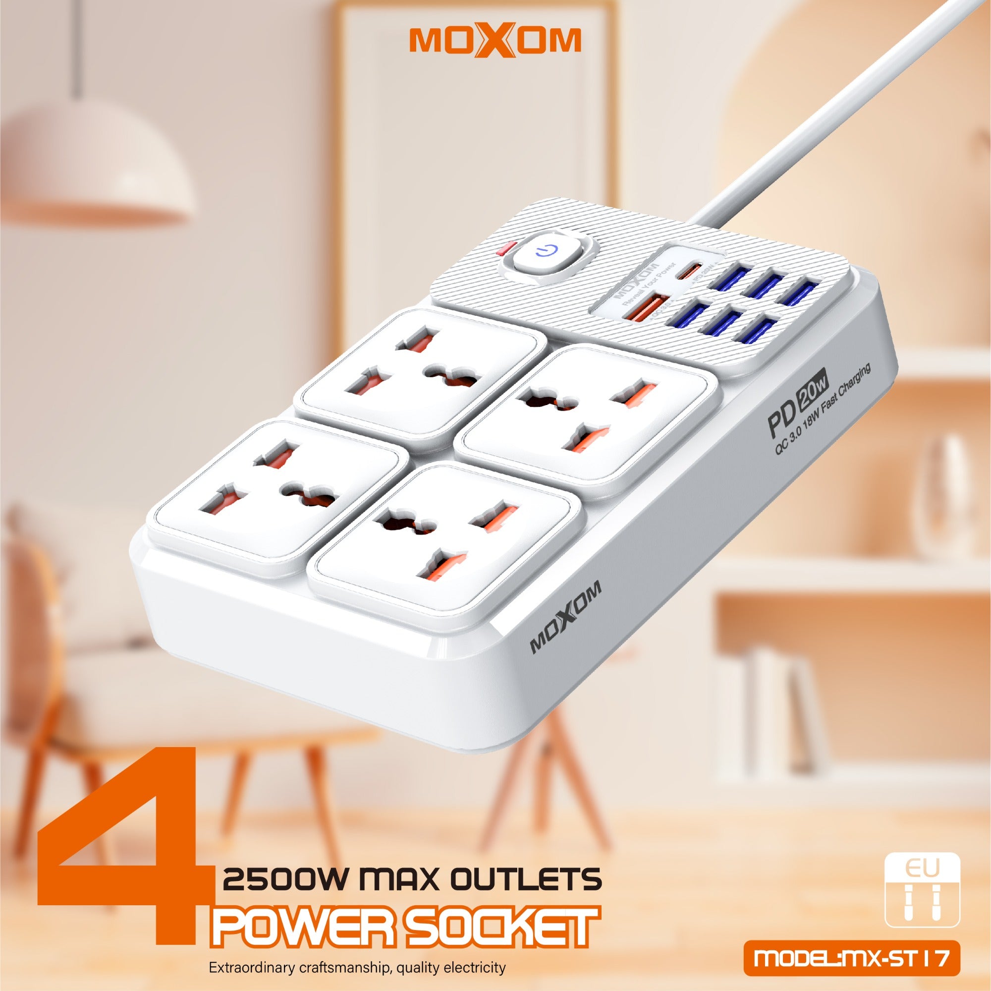 MOXOM MX-ST17 7USB+1PD PD20W+QC1BW 2500W MAX OUTLETS 2m