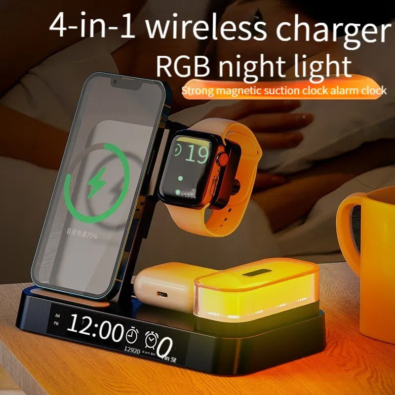 A37 5 in 1 Wireless Charging Station Digital Clock Foldable Stand Led Night Wireless Charger with Alarm Clock