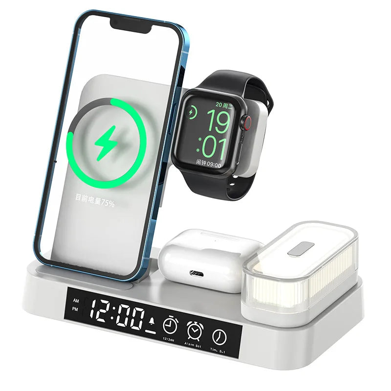 A37 5 in 1 Wireless Charging Station Digital Clock Foldable Stand Led Night Wireless Charger with Alarm Clock