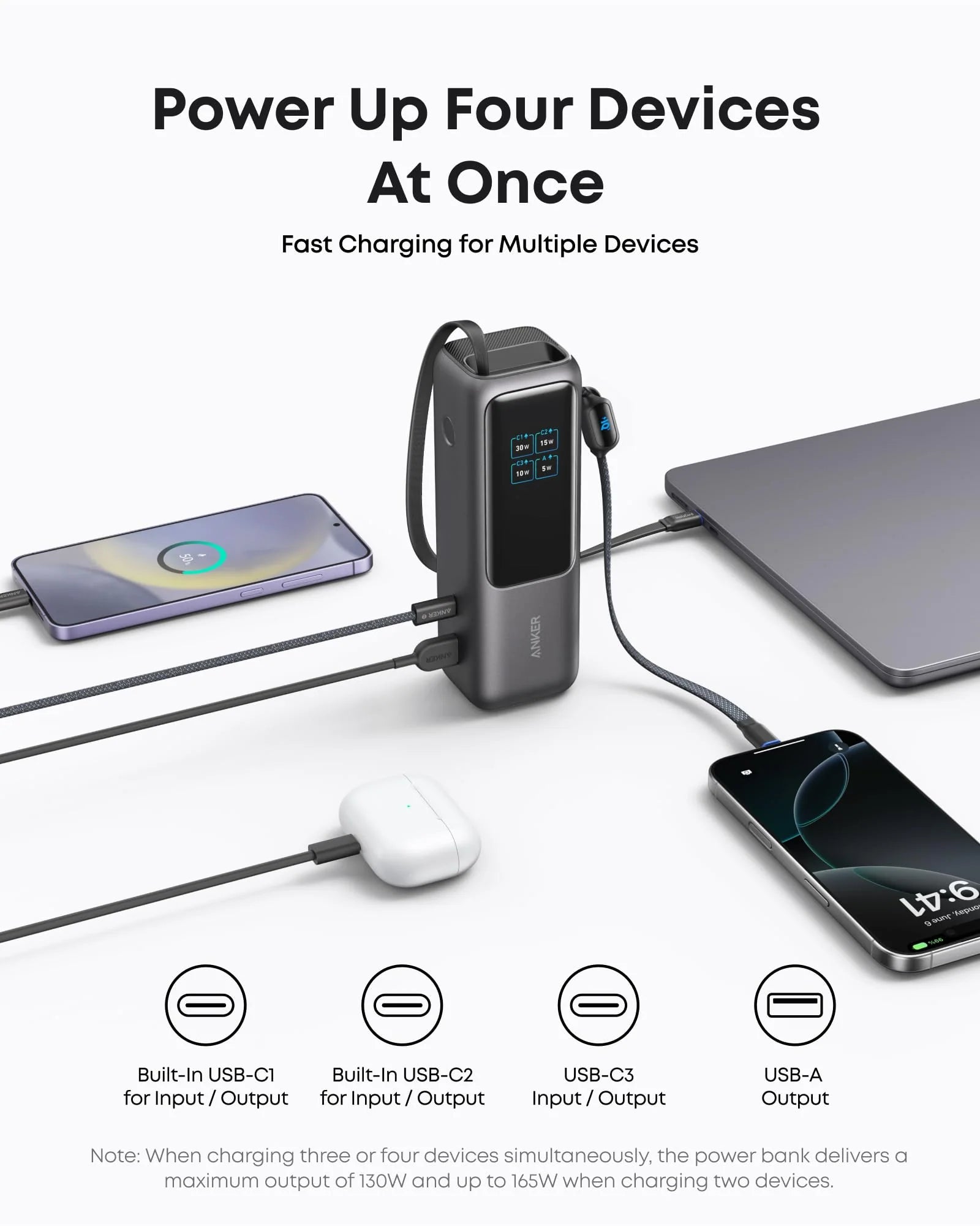 Anker ‎A1695 Power Bank Zolo (25K, 165W, Built-in USB Type-C & Retractable Cable)