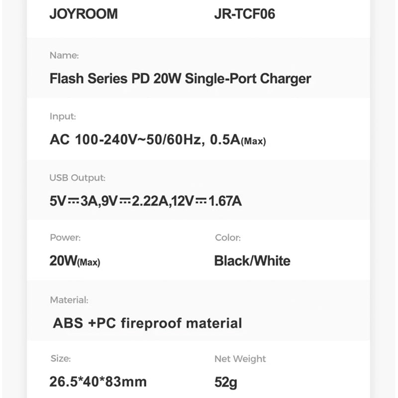 JOYROOM JR-TCF06 PD 20W Charger