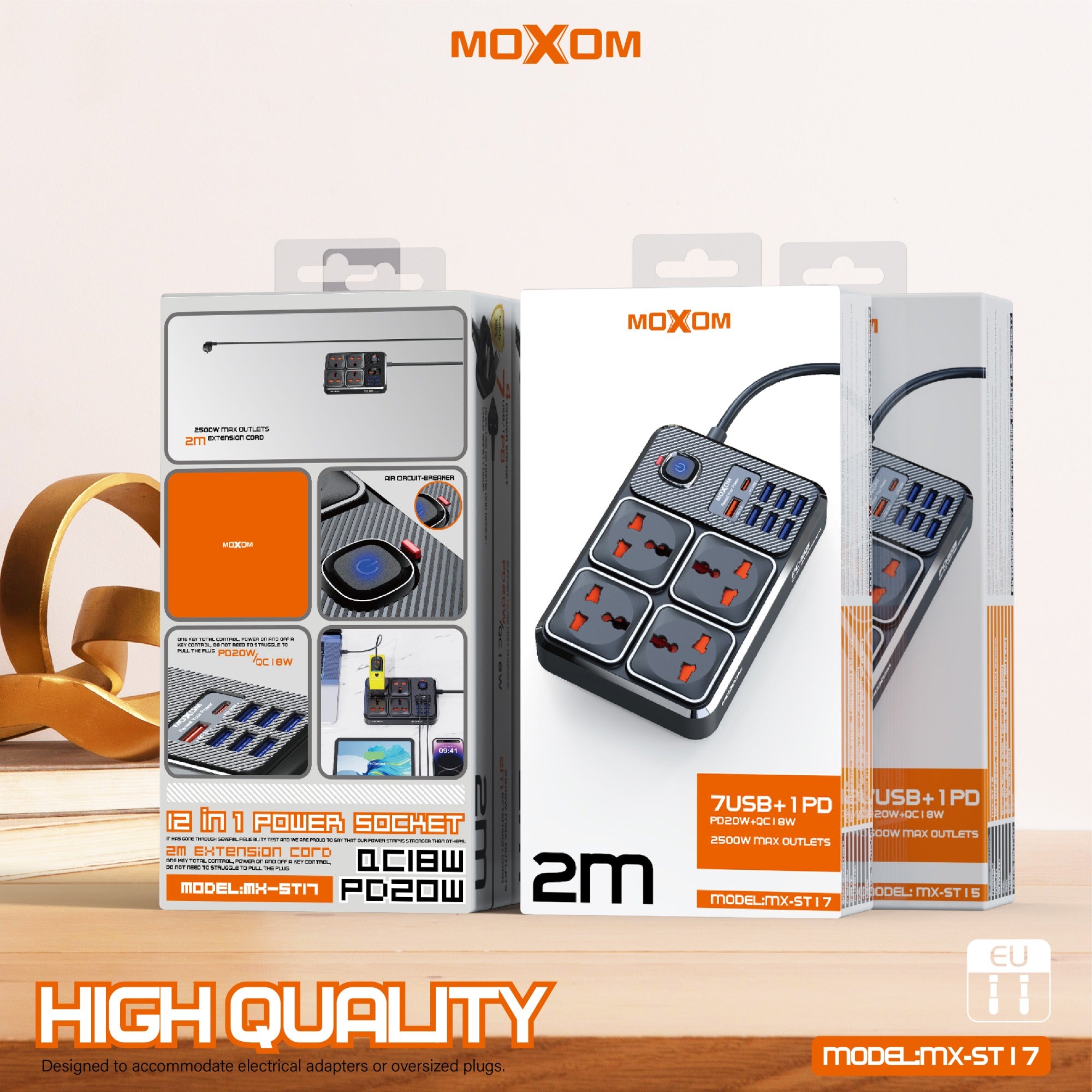 MOXOM MX-ST17 7USB+1PD PD20W+QC1BW 2500W MAX OUTLETS 2m