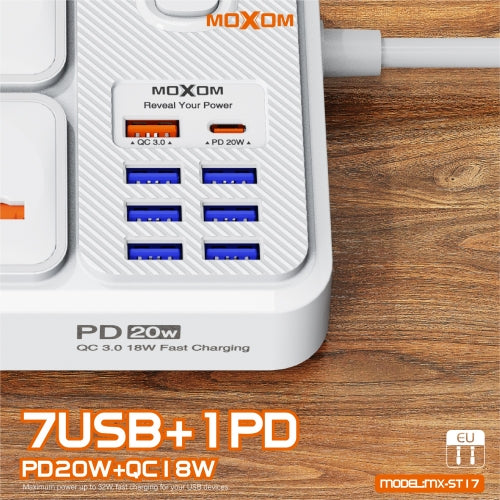 MOXOM MX-ST17 7USB+1PD PD20W+QC1BW 2500W MAX OUTLETS 2m