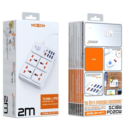 MOXOM MX-ST17 7USB+1PD PD20W+QC1BW 2500W MAX OUTLETS 2m