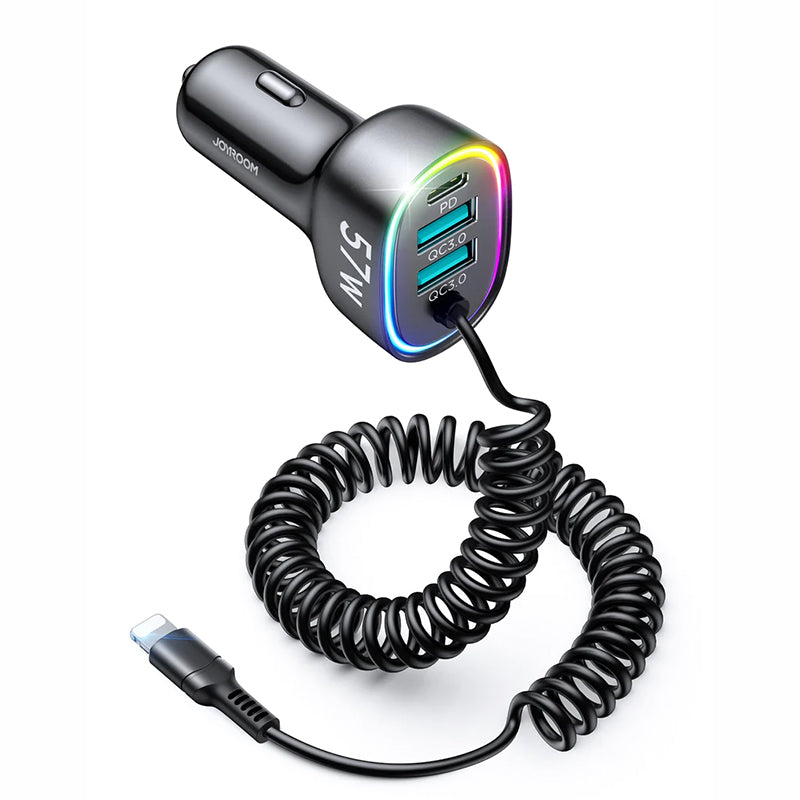 Joyroom 4 in 1 Fast Car Charger PD, QC3.0, AFC, FCP with 1.6m 57W Lightning Cable Black (JR-CL20)