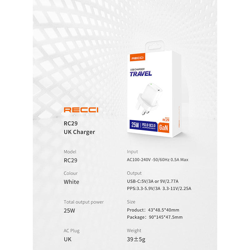 Recci RC29 GaN 25W wall charger 3 pin standard